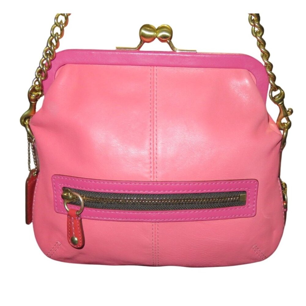 Coach 2008 Bonnie Brass Kisslock Purse Pink Full Grain Leather & Chain strap